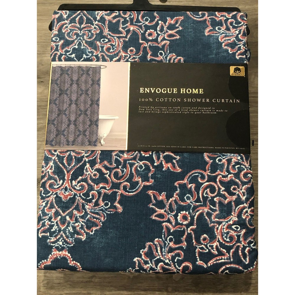 New Envogue Home Dark Blue/ Red Medallion Fabric Shower Curtain 100%Cotton 72x72